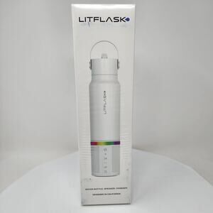 Litflask Smart Water Bottle 20 oz Speaker Charger Power Bank White Stainless